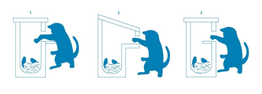  De eerste tekening toont een kat die in een nestkastje reikt en een kuiken vangt. Tweede tekening van een kat die haar poot in een balkonnestkast steekt en door dat balkon niet bij de kuikens kan komen. 