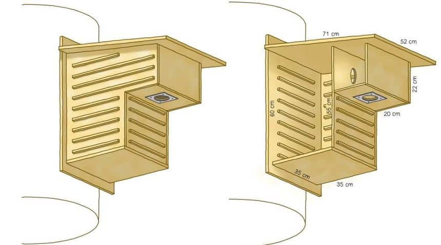 Illustratie van een tweedelig nestkastje, waarvan de afmetingen de constructie complexer maken.