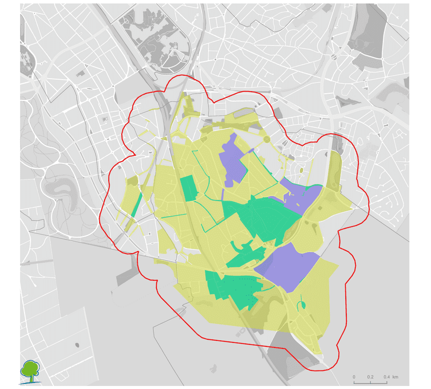 Afbeelding van een kaart met de gebieden waar het vliegend hert voorkomt in Brussel