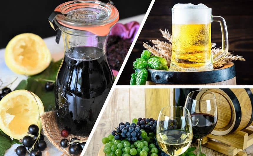 Fotomontage van zwarte bessensiroop, bier en wijn.
